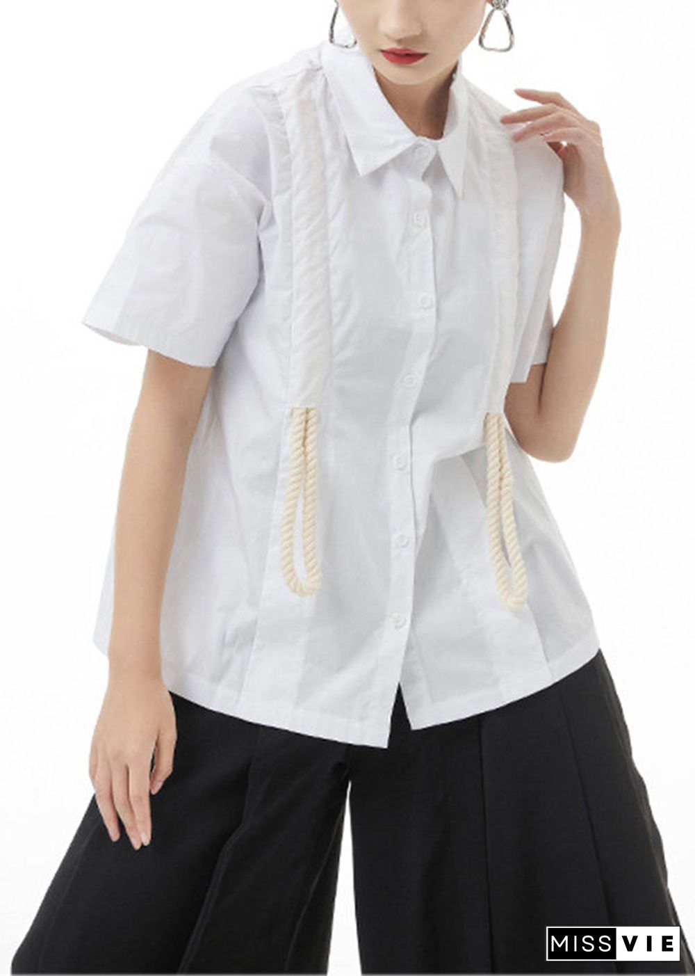 White Baggy Cotton Shirt Top Drawstring Short Sleeve