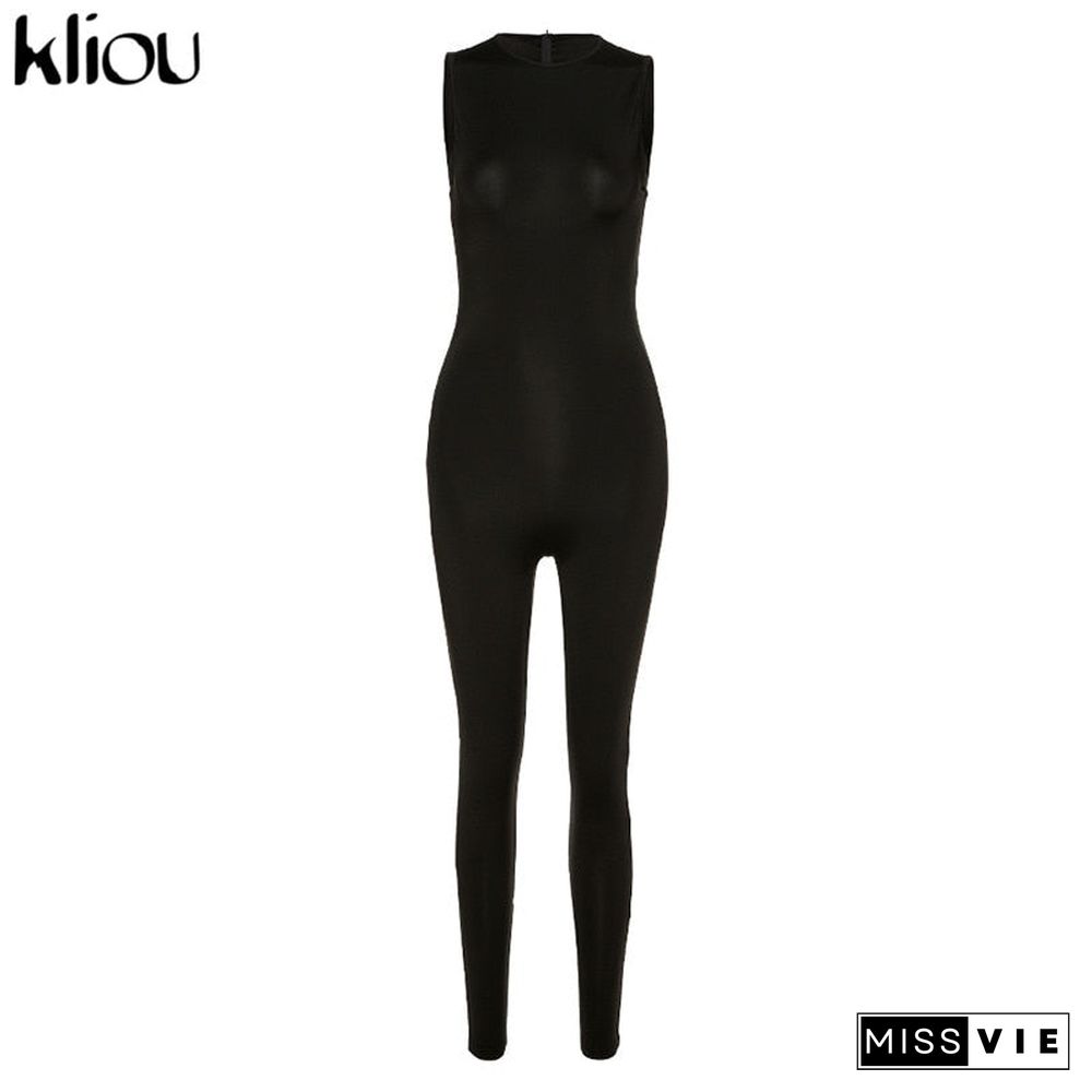 Kliou new jumpsuit women elastic hight casual fitness sporty rompers sleeveless zipper activewear skinny summer outfit