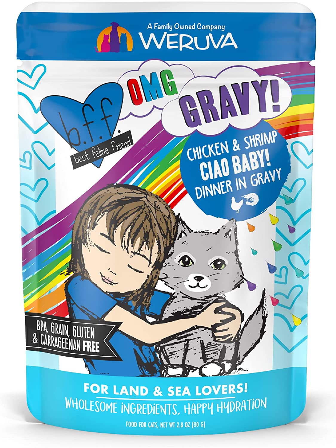 Weruva B.F.F. OMG - Best Feline Friend Oh My Gravy!， Ciao Baby! with Chicken and Shrimp in Gravy Cat Food， 2.8oz Pouch (Pack of 12)