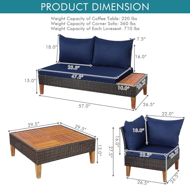 Costway 4pcs Patio Rattan Furniture Set Cushioned Loveseat W wooden Side Table