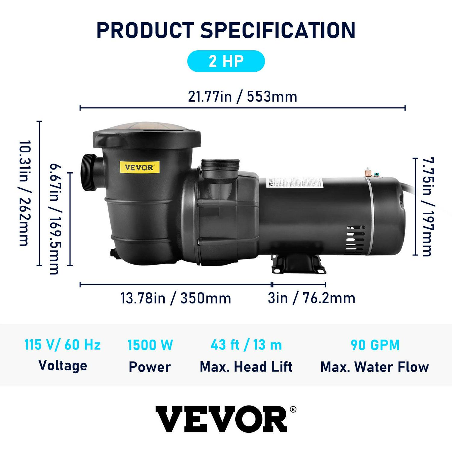 VEVOR Swimming Pool Pump， 2HP 115V， 1500W Single Speed Pumps for Above Ground Pool w/ Strainer Basket， 5400GPH Max. Flow， Certification of ETL