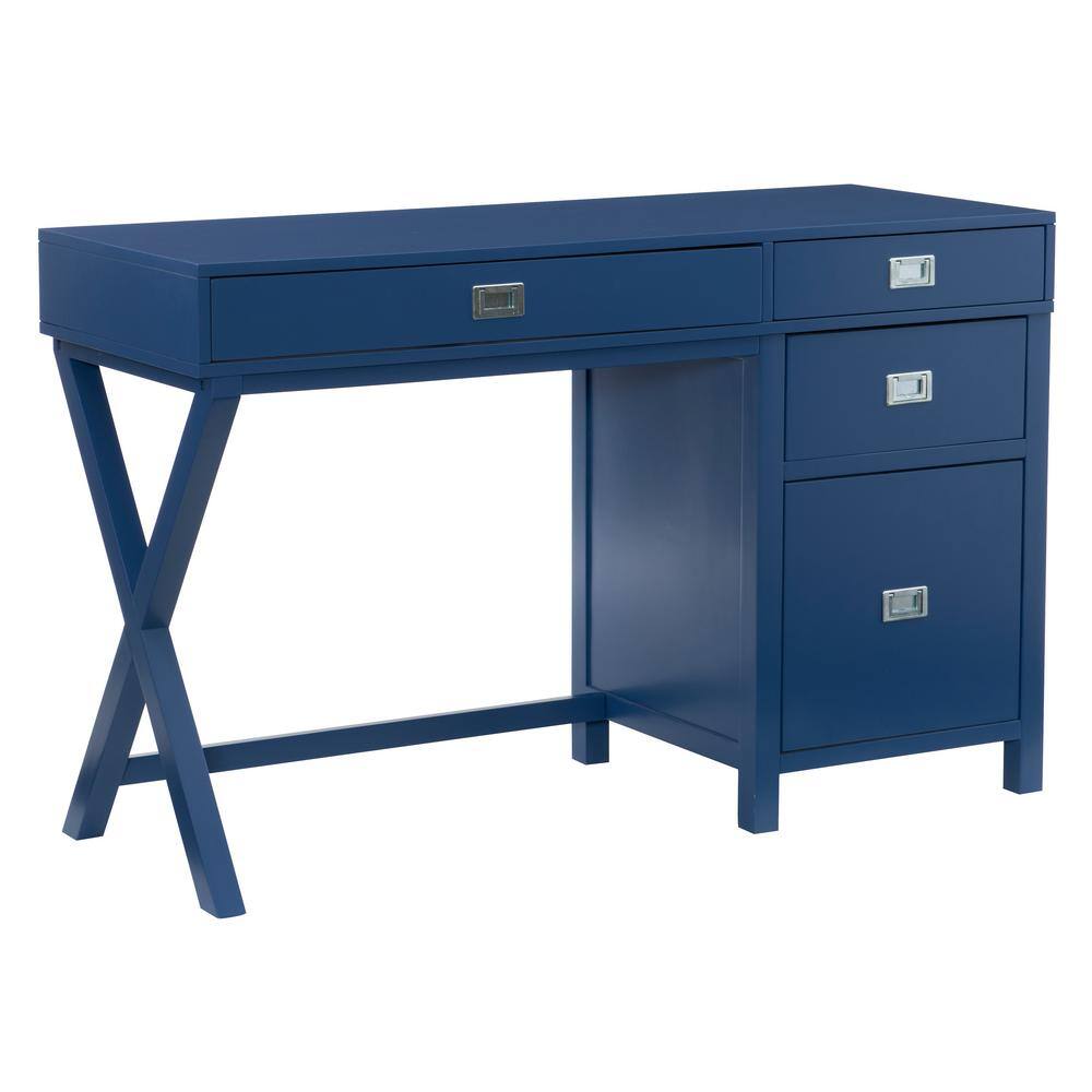 Linon Home Decor Sara 48 in. W Rectangle Navy Blue Wood 4-Drawer Computer Desk with Side Storage THD02966