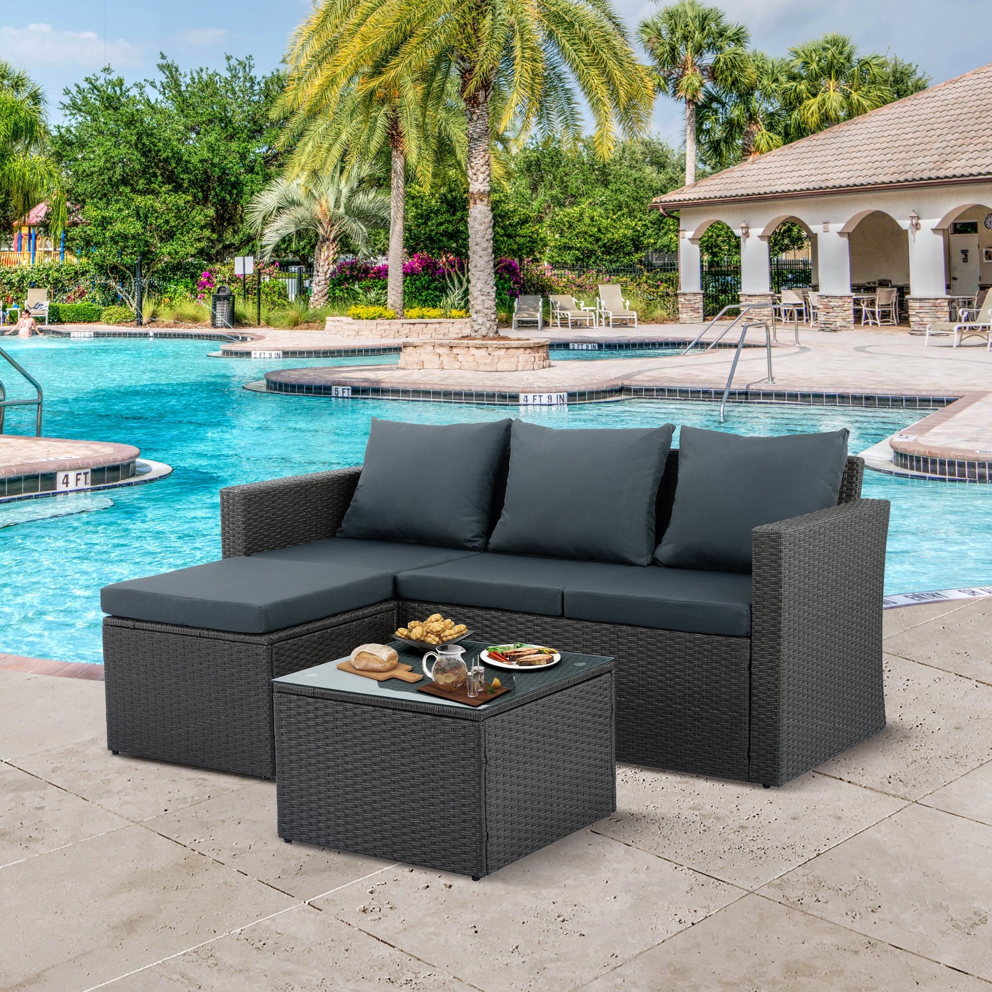 3 Pcs Outdoor Sectional Sofa， PE Rattan Couch Sofa Set with Ottoman， Cushions and Tempered Glass Desktop， Wicker Conversation Set - Overstock - 37952183