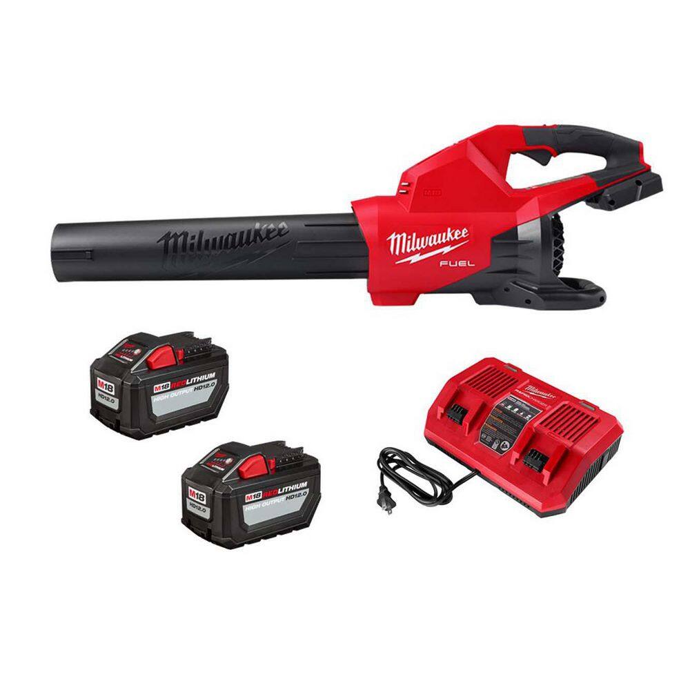 MW M18 FUEL 18V Brushless Cordless Dual Battery 145 MPH 600 CFM Blower with Dual Bay Rapid Charger  Two 12Ah HO Batteries 2824-20-48-11-1812-48-11-1812-48-59-1802