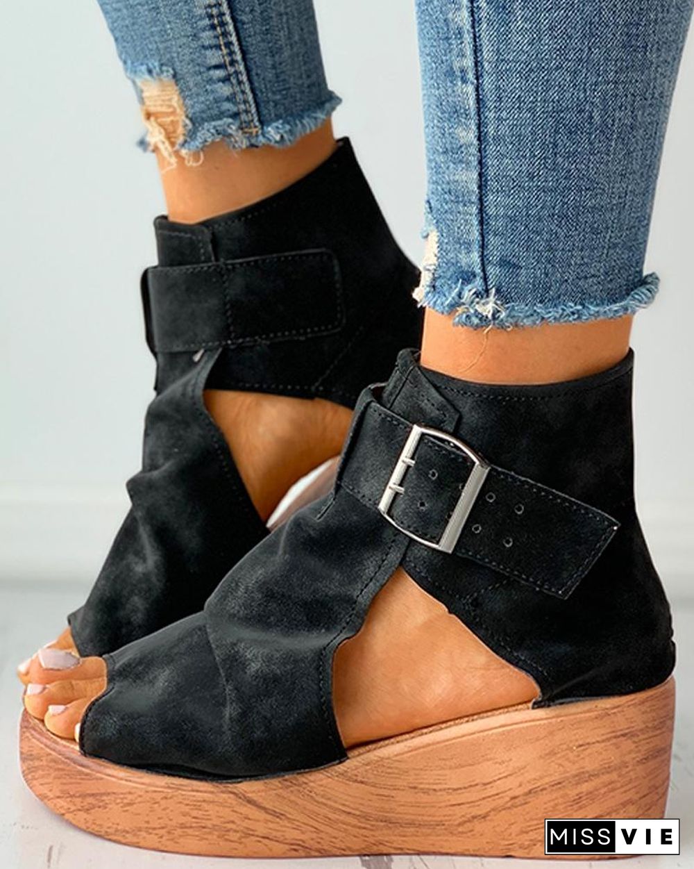 Eyelet Buckled Cutout Wedge Sandals