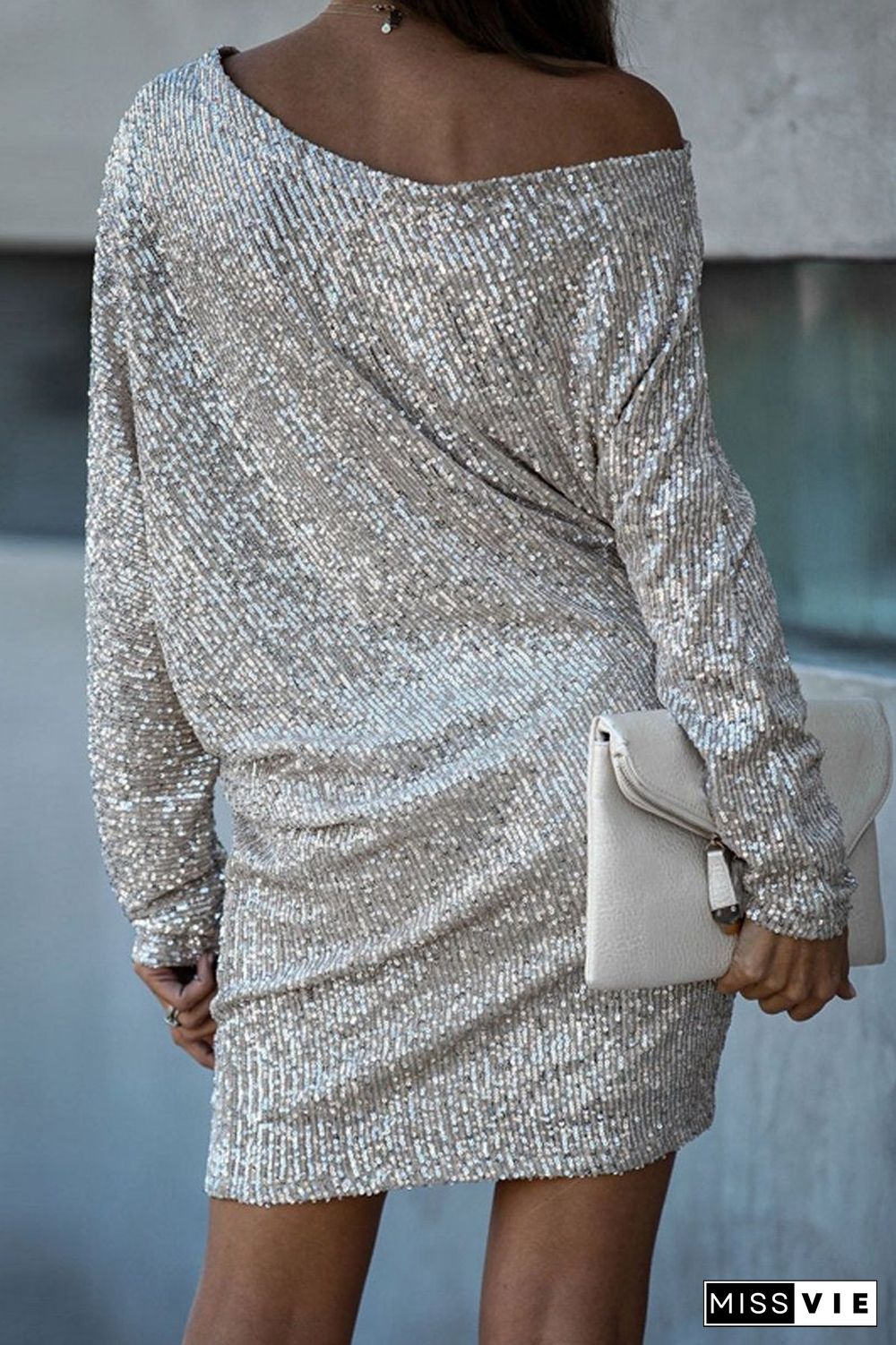 Long Sleeve Skew Shoulder Sequined Dress