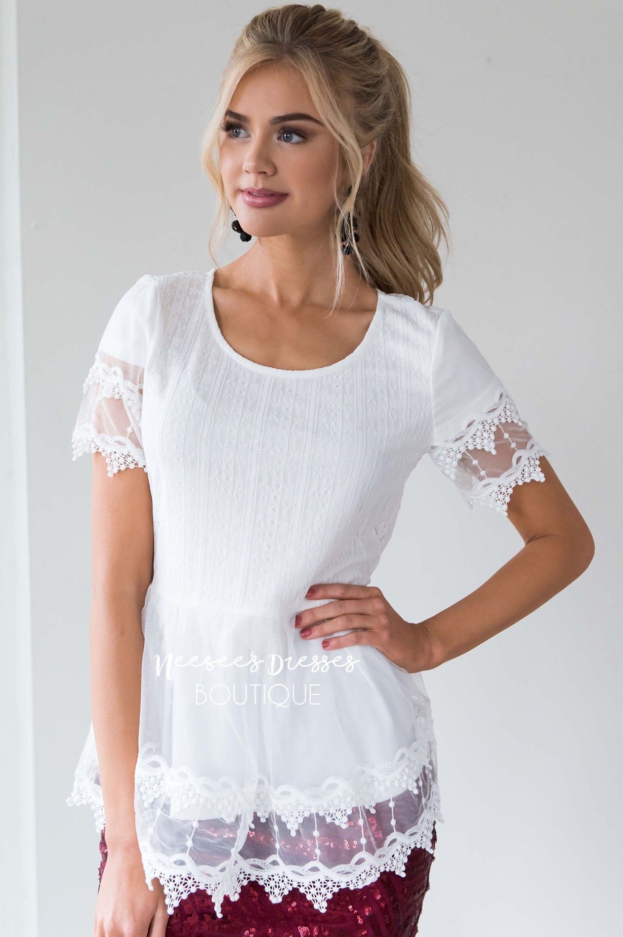 Scallop Lace Tulle Peplum Blouse