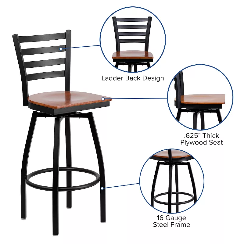 Emma and Oliver Black Metal Ladder Back Swivel Barstool， Cherry Wood Seat