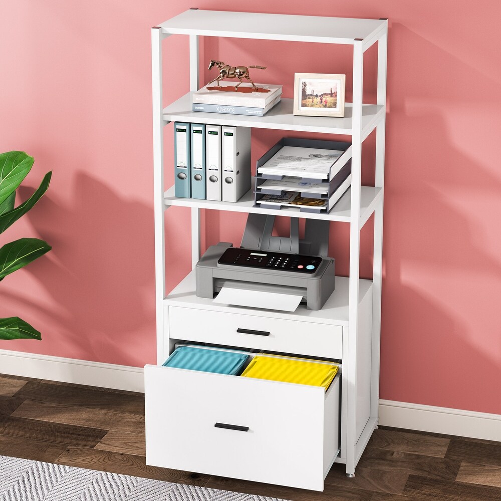 Bookcase Bookshelf  4 Tier Modern File Cabinet with 2 Drawers