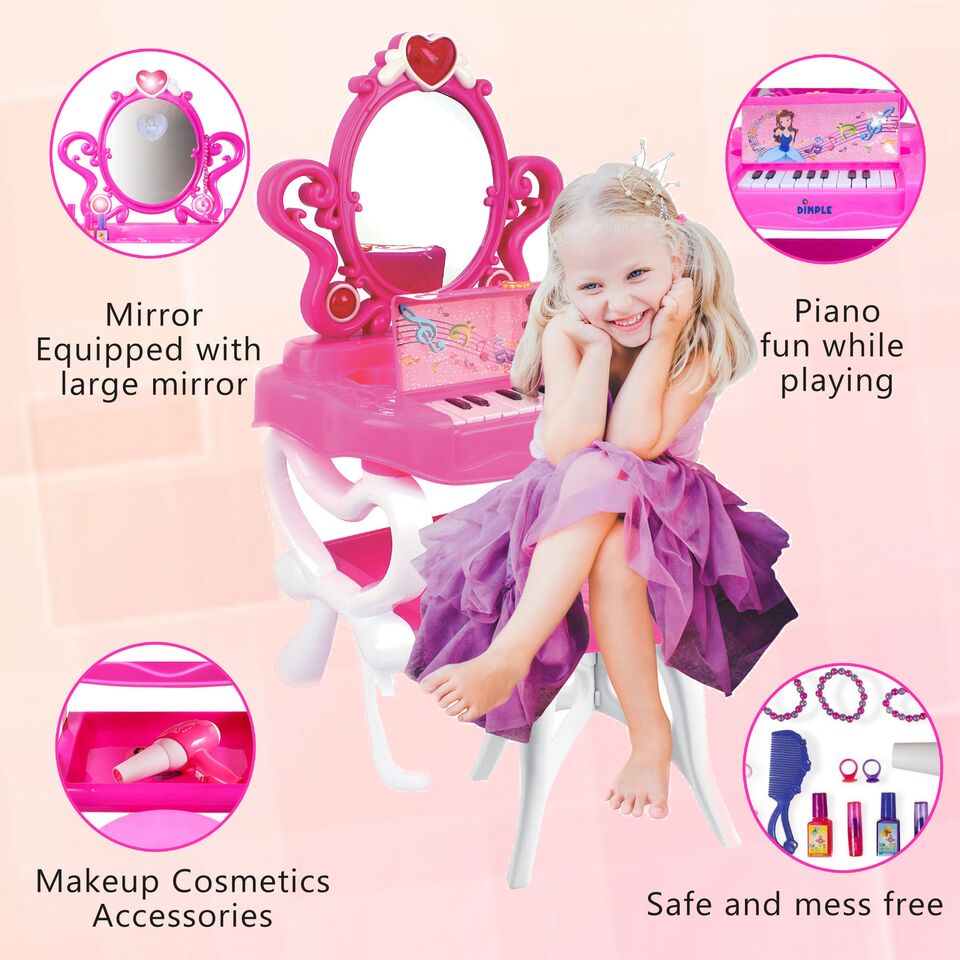 Dimple 2-in-1 Princess Pretend Play Vanity Set Table with Working Piano Beauty Set for Girls with Toy Makeup Cosmetics Accessories， Hair Dryer， Keyboard， Flashing Lights and more