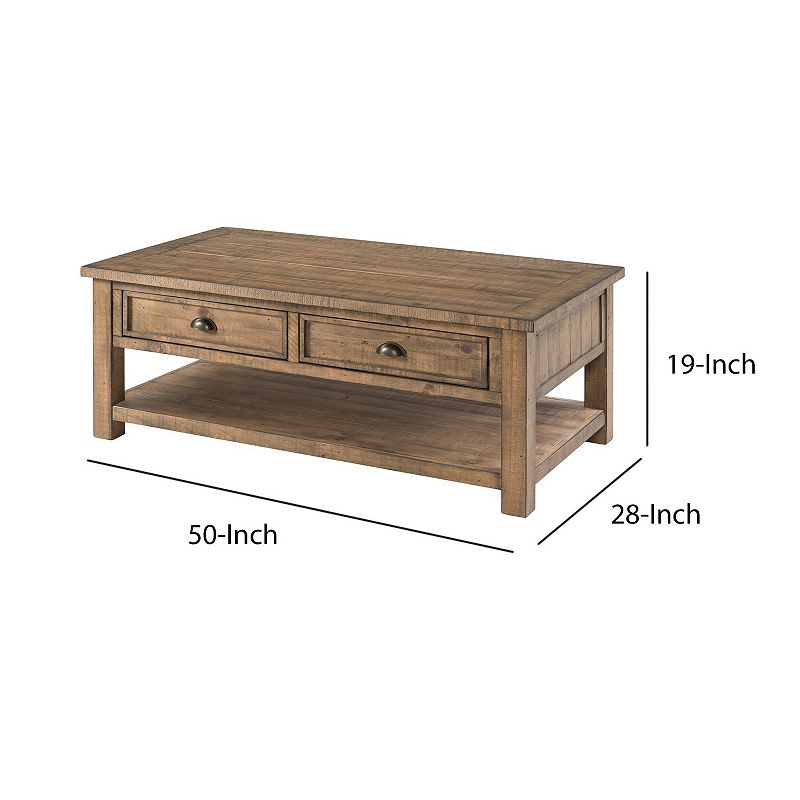 Coastal Style Rectangular Wooden Coffee Table with 2 Drawers， Brown