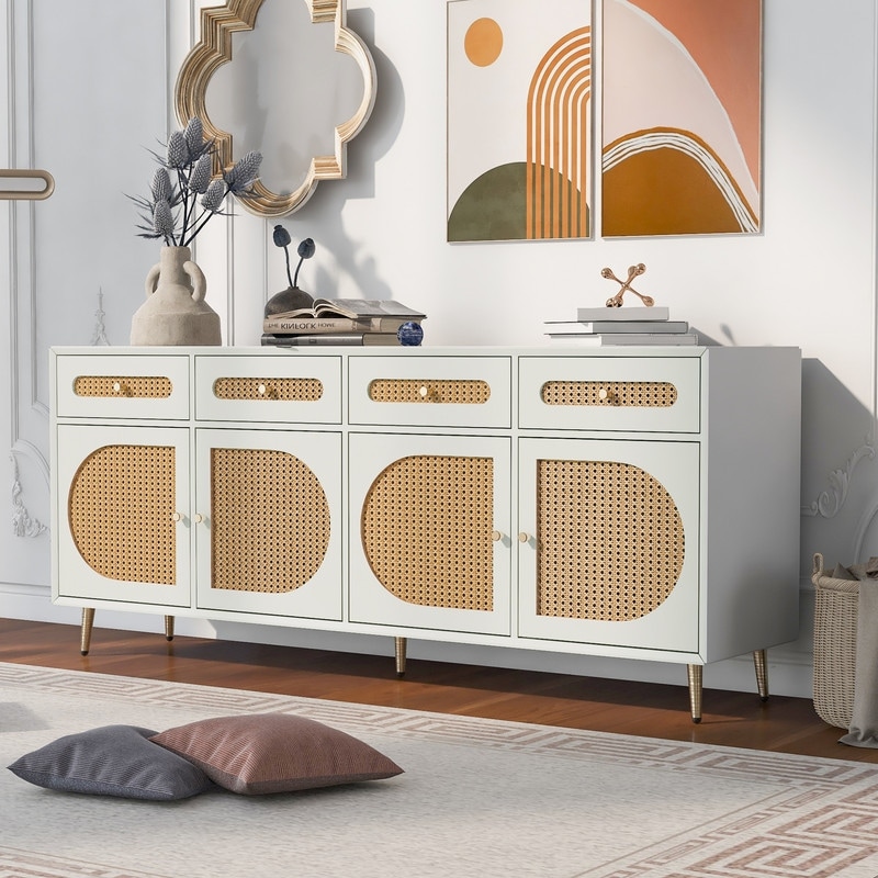 Woven Media Console Table with Adjustable Shelves and Rattan Door  Storage Sideboard Cabinet for Living Room