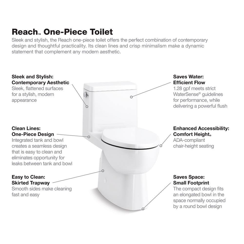 KOHLER Reach 16.5 in. H 1-piece 1.28 GPF Single Flush Elongated Toilet in White (Seat Included) K-78080-0