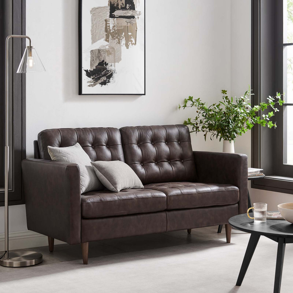 Exalt Tufted Vegan Leather Loveseat  Brown   Midcentury   Loveseats   by VirVentures  Houzz