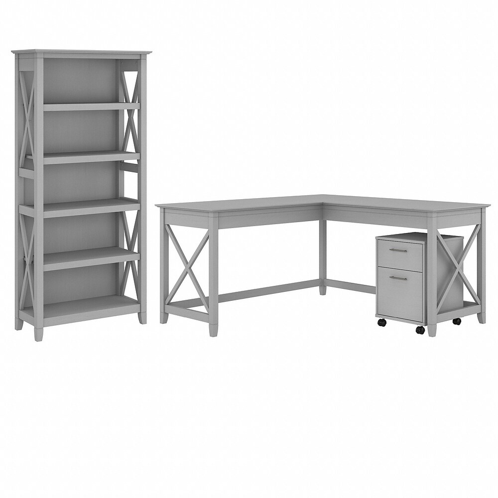 Key West 60W L Desk with File Cabinet and Bookcase by Bush Furniture