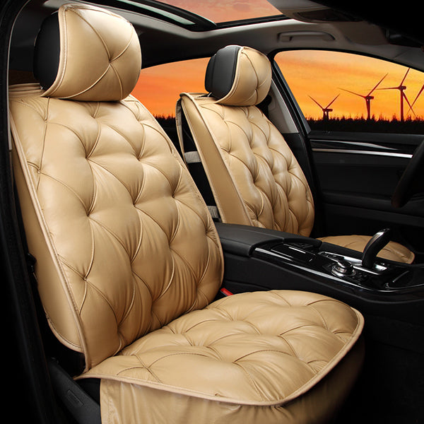 Beddinginn Luxury Faux Leather Car Seat Cover， Vintage Pinch Pleat Sofa Style Automotive Seat Cover for Cars SUV Pick-up Truck， Universal Fit， Beige