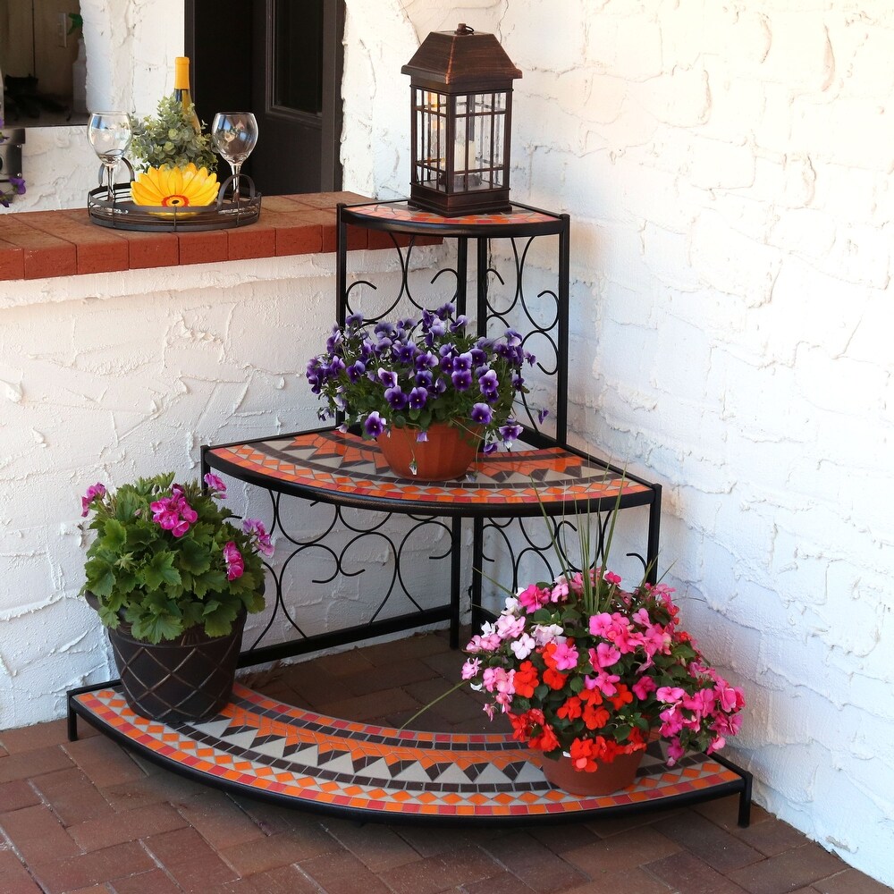 Sunnydaze Large 3 Tier Mosaic Plant Stand Metal Corner Flower Pot Shelf   40\