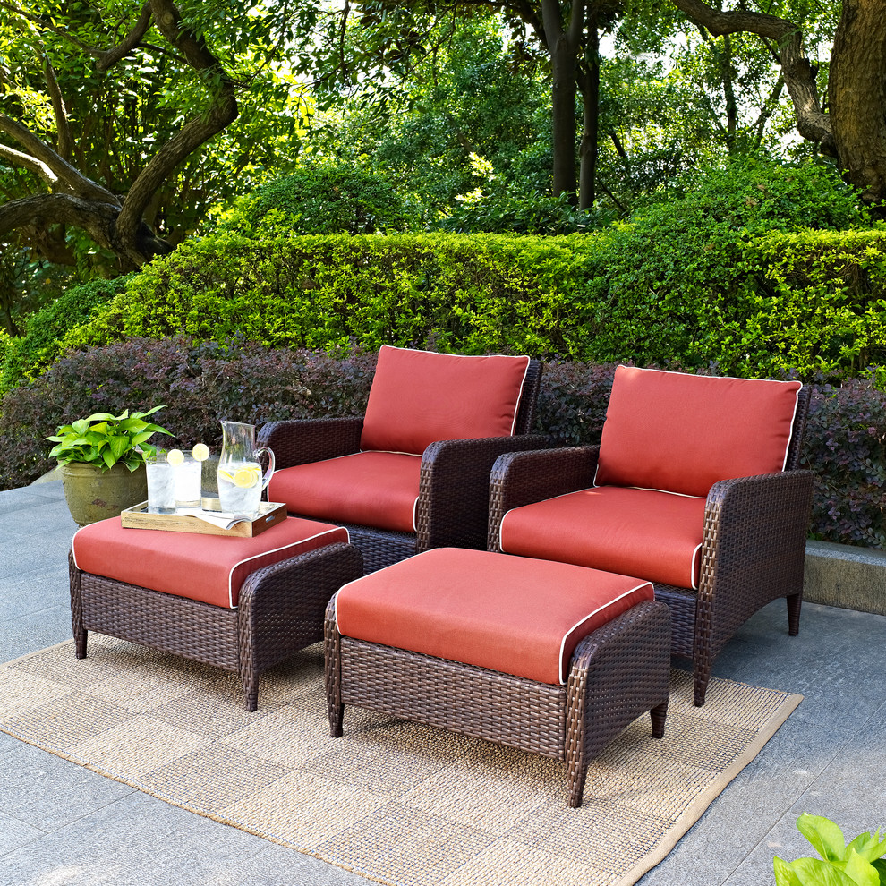 Kiawah 4 Piece Outdoor Wicker Seating Set With Sangria Cushions   Tropical   Outdoor Lounge Chairs   by Crosley  Houzz