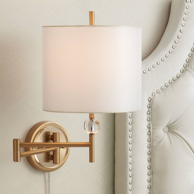 Possini Euro Design Kohle Modern Swing Arm Wall Lamp Polished Brass Plug in Light Fixture White Inner Sheer Outer Drum Shade For Bedroom Bedside House