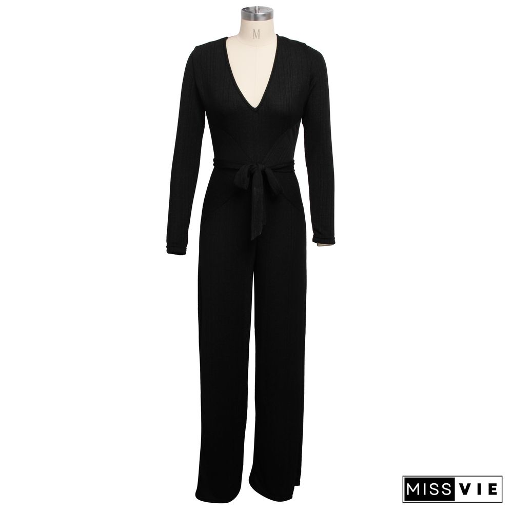 High Stretch Lurex V-neck Low-cut Wide-leg Jumpsuits