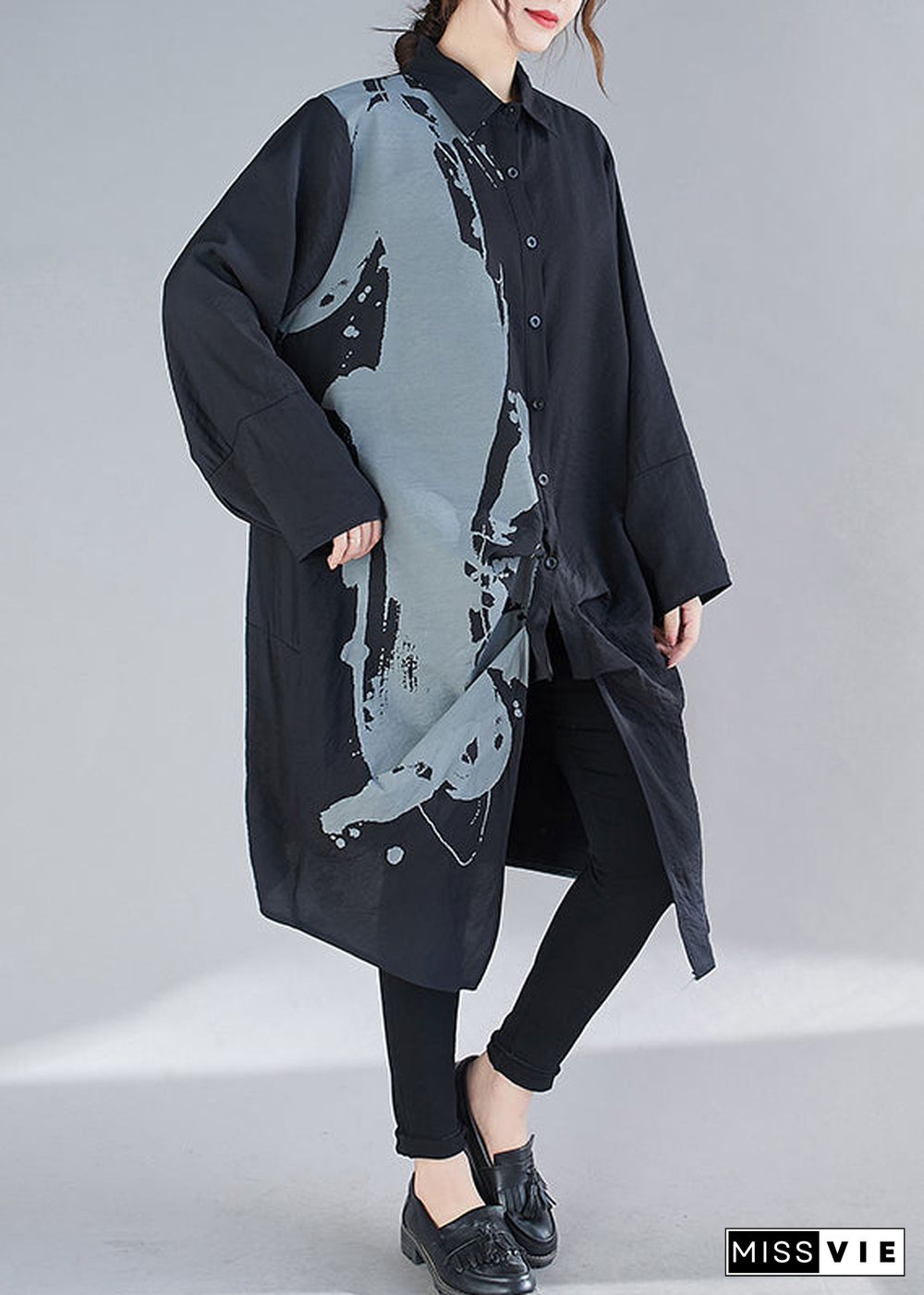 Natural Black Oversized Print Cotton Maxi Dresses Fall