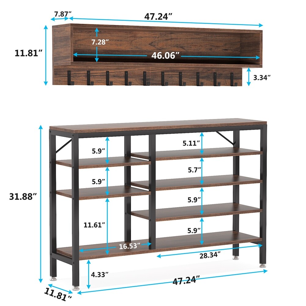 Entryway Coat Rack Shoe Bench Set  Industrial Hall Tree Coat Shoe Rack