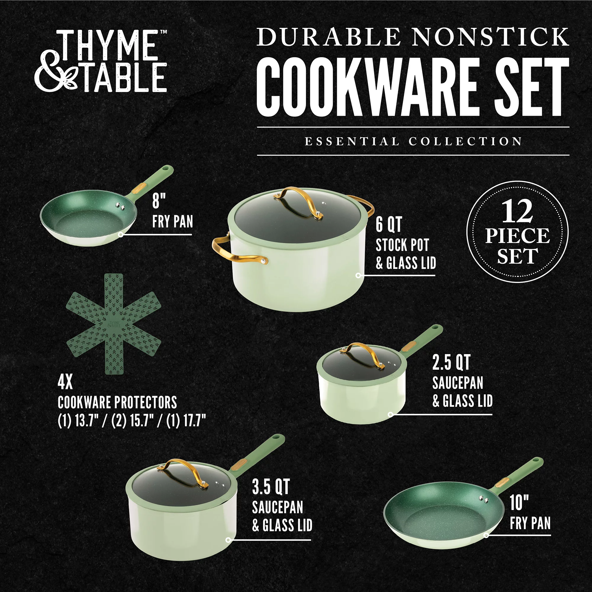 Thyme and Table Non-Stick 12-Piece Cookware Set， Green