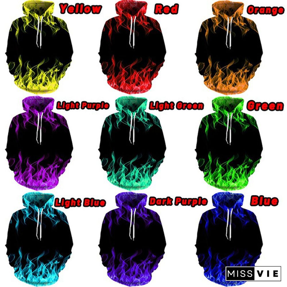 New Colorful Unisex Fashion Long Sleeve Hooded Sweatshirt 3D Printed Flame Jumper Hoodies Oversized Loose Drawstring Sweatshirt