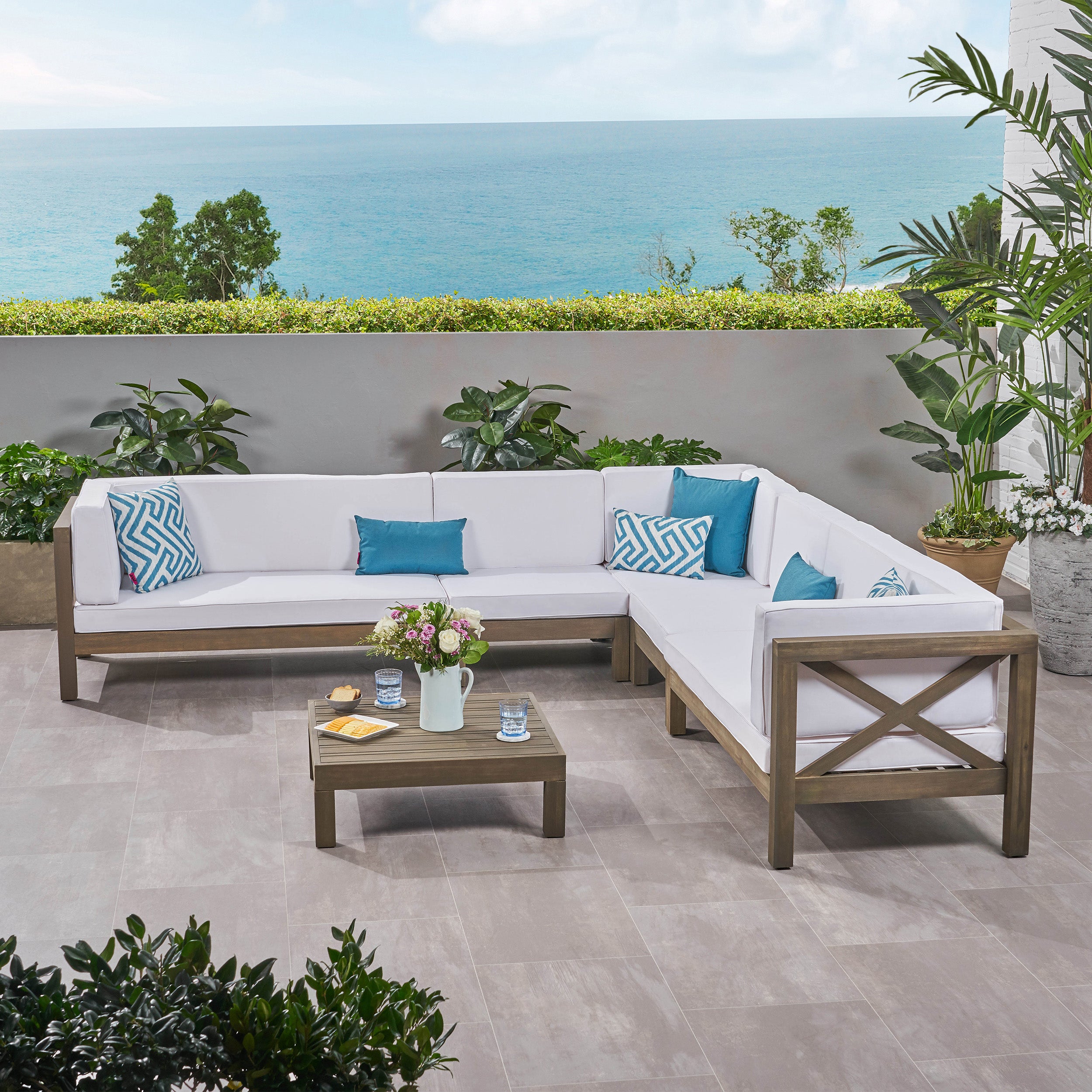 Cynthia Outdoor 7 Seater Acacia Wood Sectional Sofa Set