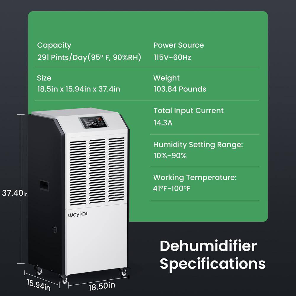 waykar 291-Pint Industrial Dehumidifier with Smart Dry for Bedrooms Basements or Humid Rooms up to 9000 sq. ft. in White. HDCX-DP138B