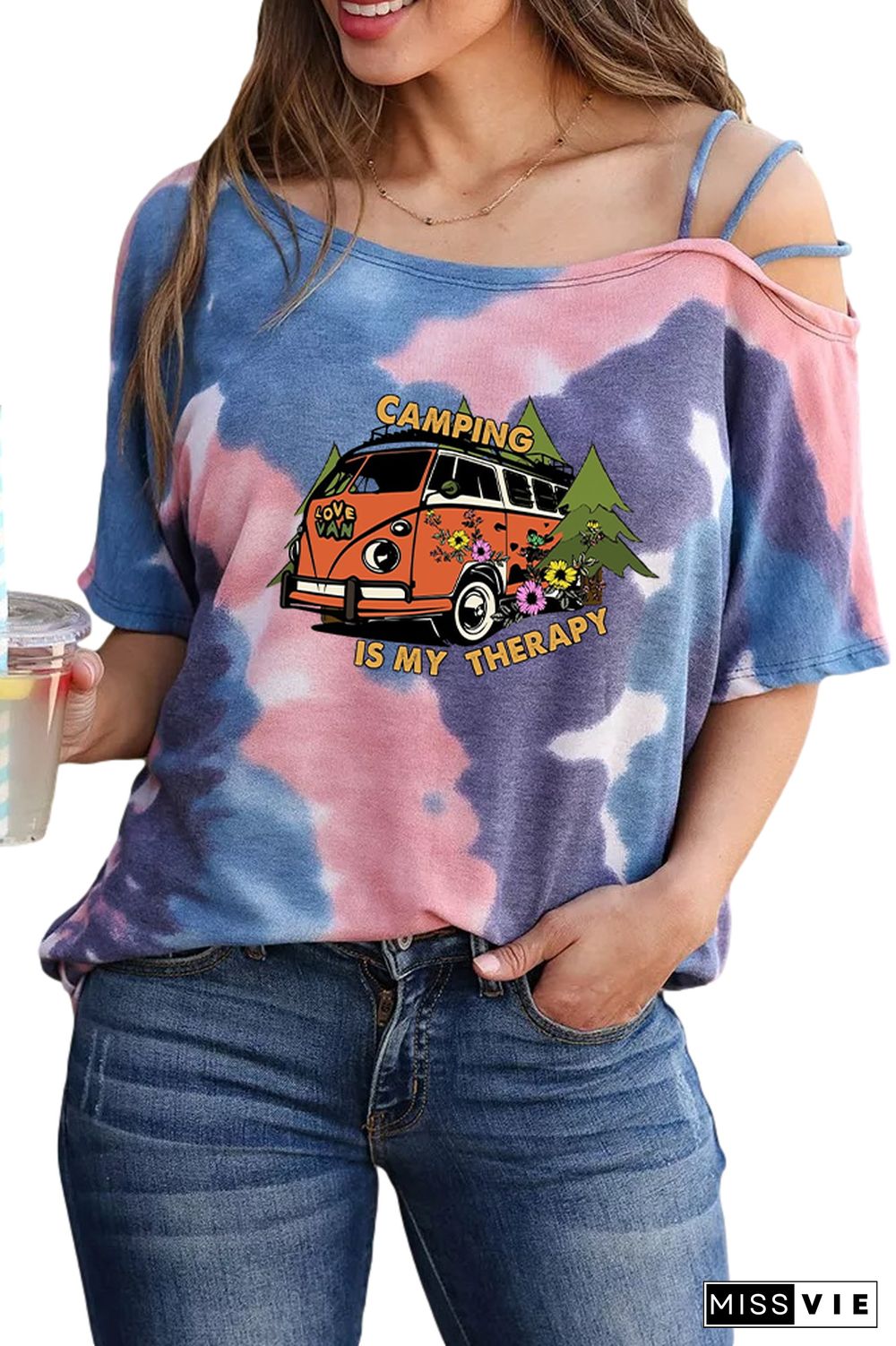 Camping Print Graphic Tees for Women Wholesale Short Sleeve T shirts Top