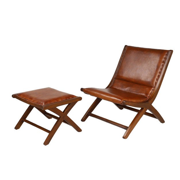 Set Of 2 Traditional Teak Wood Accent Chairs With Ottoman Brown Olivia amp May