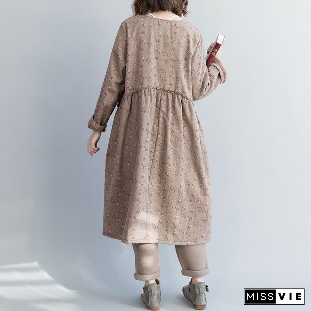 Unique khaki floral linen cotton dresses fine Christmas Gifts Kaftan o neck Cinched Dress