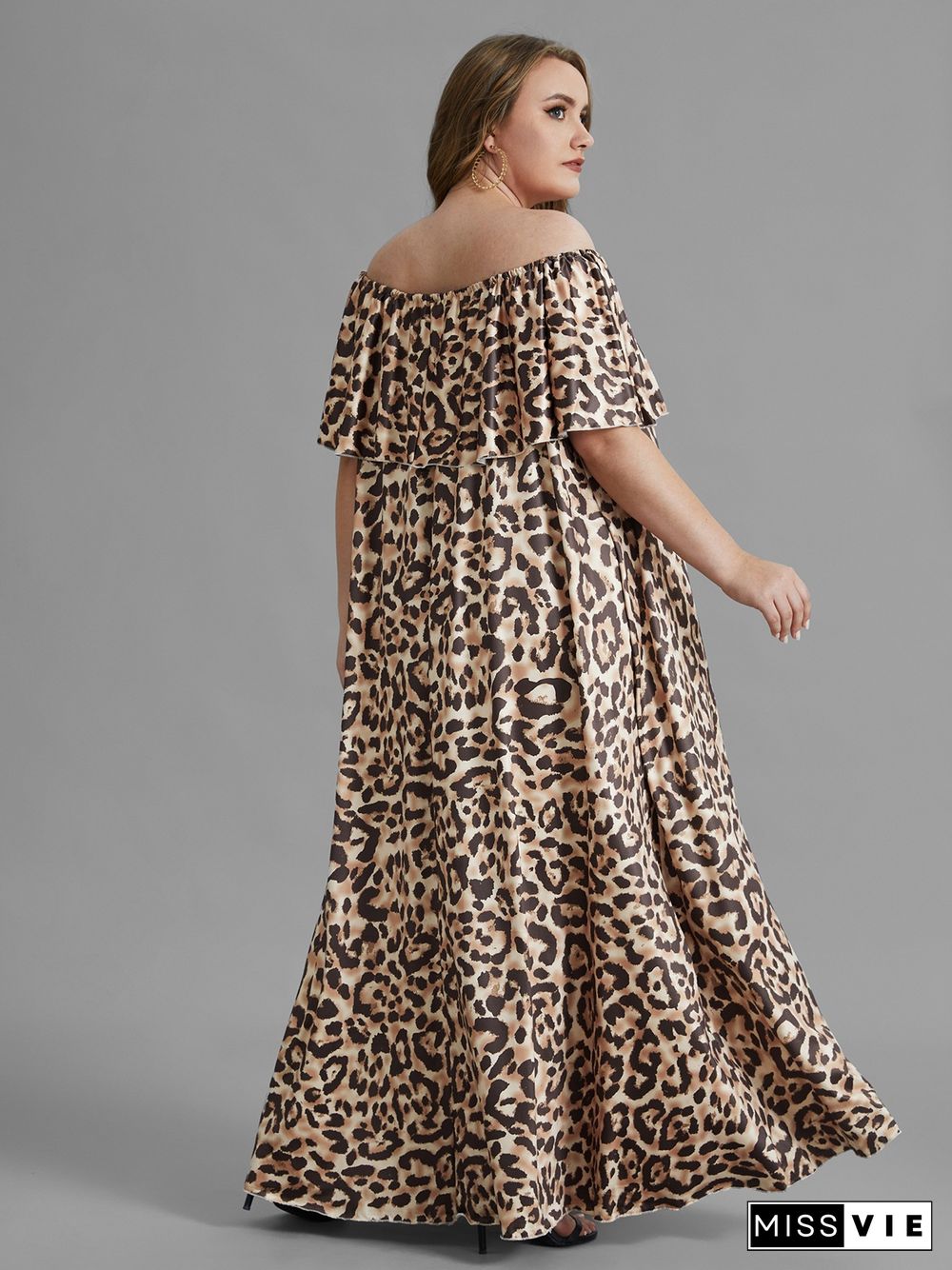 Plus Size Summer Leopard Print Off The Shoulder Short Sleeve Loose Party Club Holiday Maxi Long Dresses