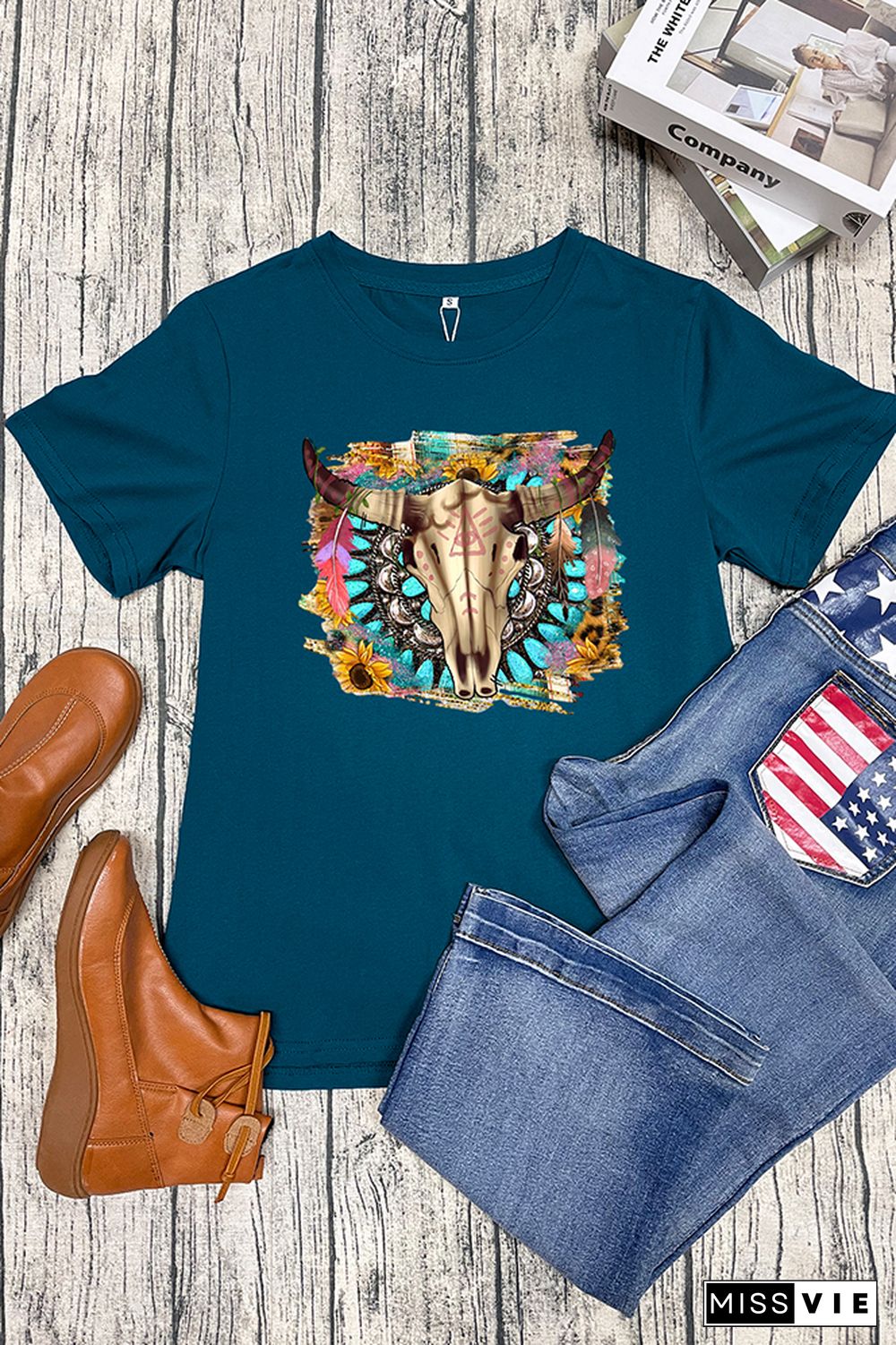 Western Boho Skull Pngturquoise And Leopard Short Sleeve Graphic Tee Wholesale