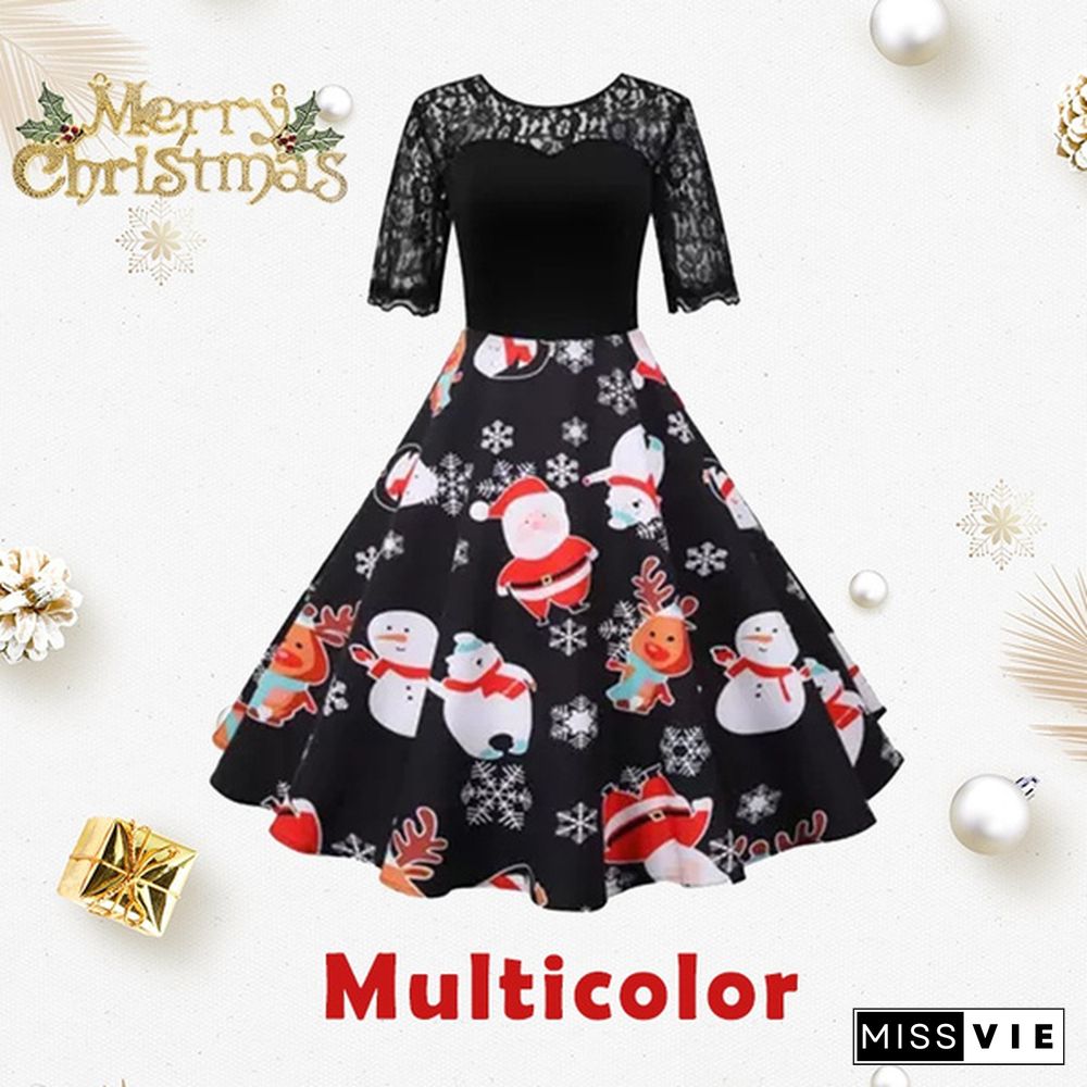 New Fashion Women Lace Santa Claus Snowman 3D Print Christmas Dress Elegant Short Sleeve Pumpkin Castle Halloween Costume Retro Style Knee Length Party Dress