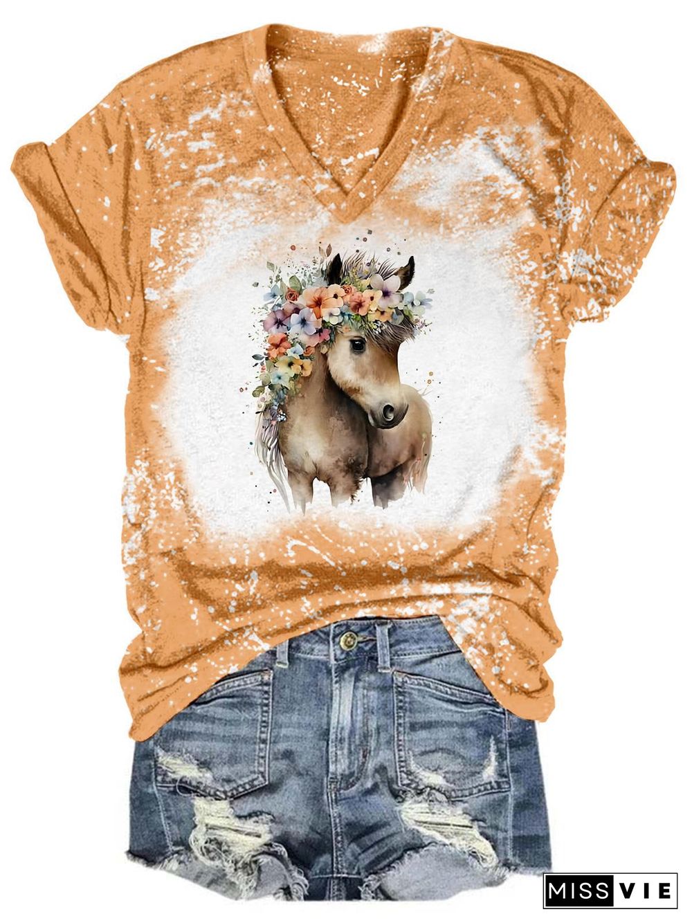 Floral Pony Tie Dye V Neck T-Shirt