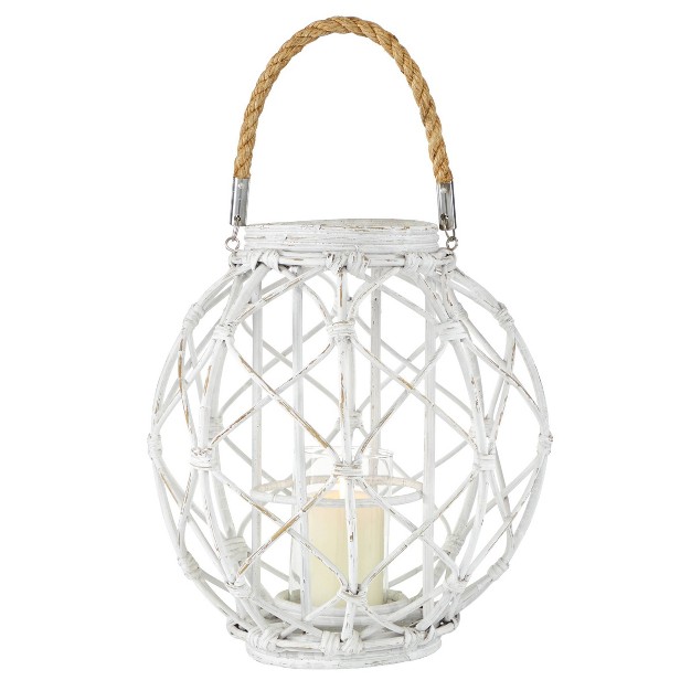 X 15 quot Woven Rattan glass Lantern With Burlap Jute Rope Handle White Olivia amp May