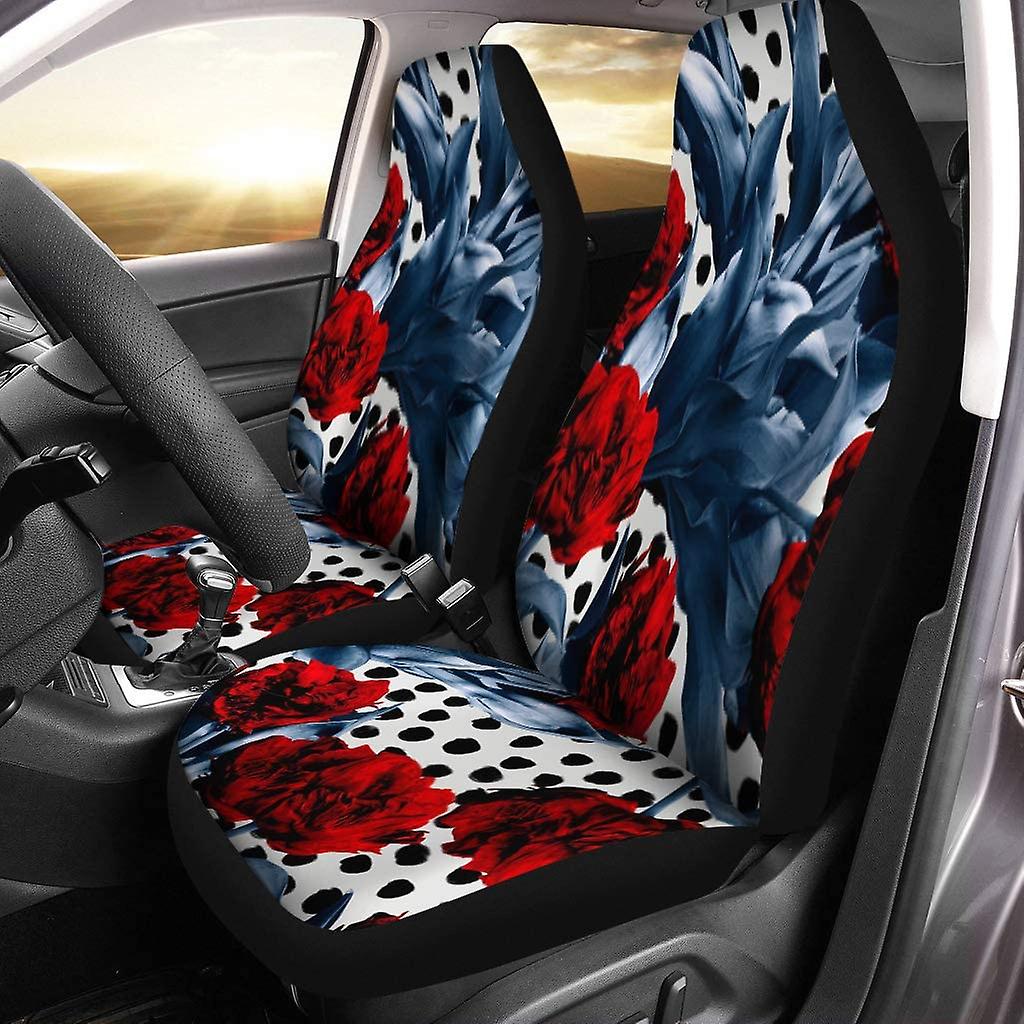 Set Of 2 Car Seat Covers Blue Collage Pattern Tulip Bright Flowers And Leaves Polka Universal Auto Front Seats Protector Fits