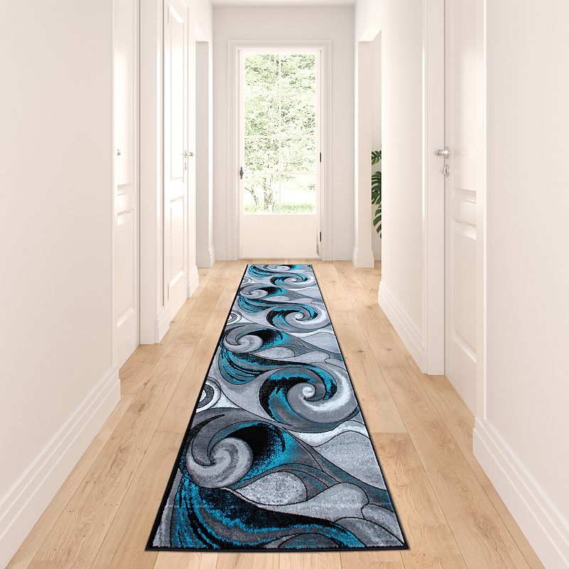 Masada Rugs Masada Rugs DaVincii Collection 3'x10' Modern Woven Runner Area Rug with Hand Carved Wave Design in Turquoise - Design D410