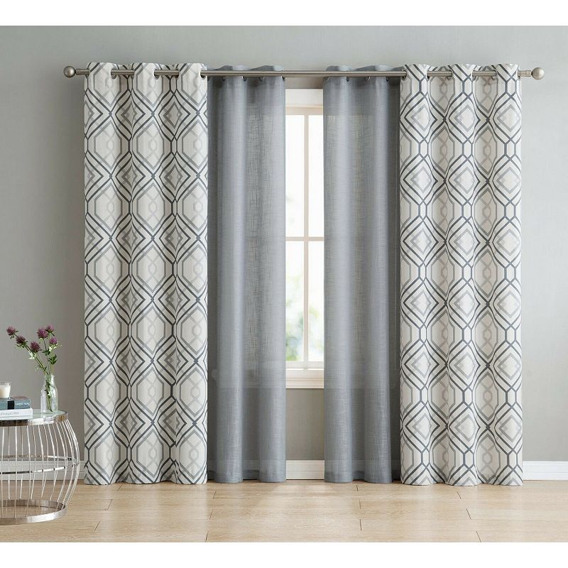 Kate Aurora Coordinating 4 Piece Geometric and Solid Grommet Top Window Curtain Set