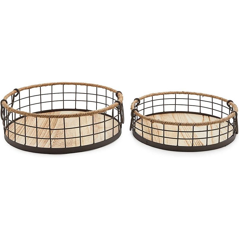 Round Wooden Wire Basket Trays with Handles， Farmhouse Decor (2 Sizes， 2 Pack)