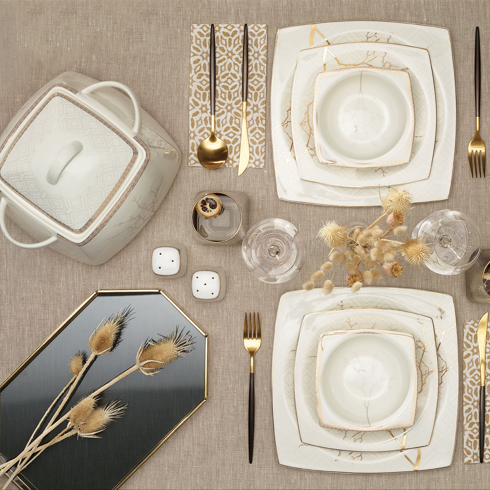 Karaca Autumn Fine Cream 60 Pieces Dinner Set For 12 People Square 153.03.07.6209