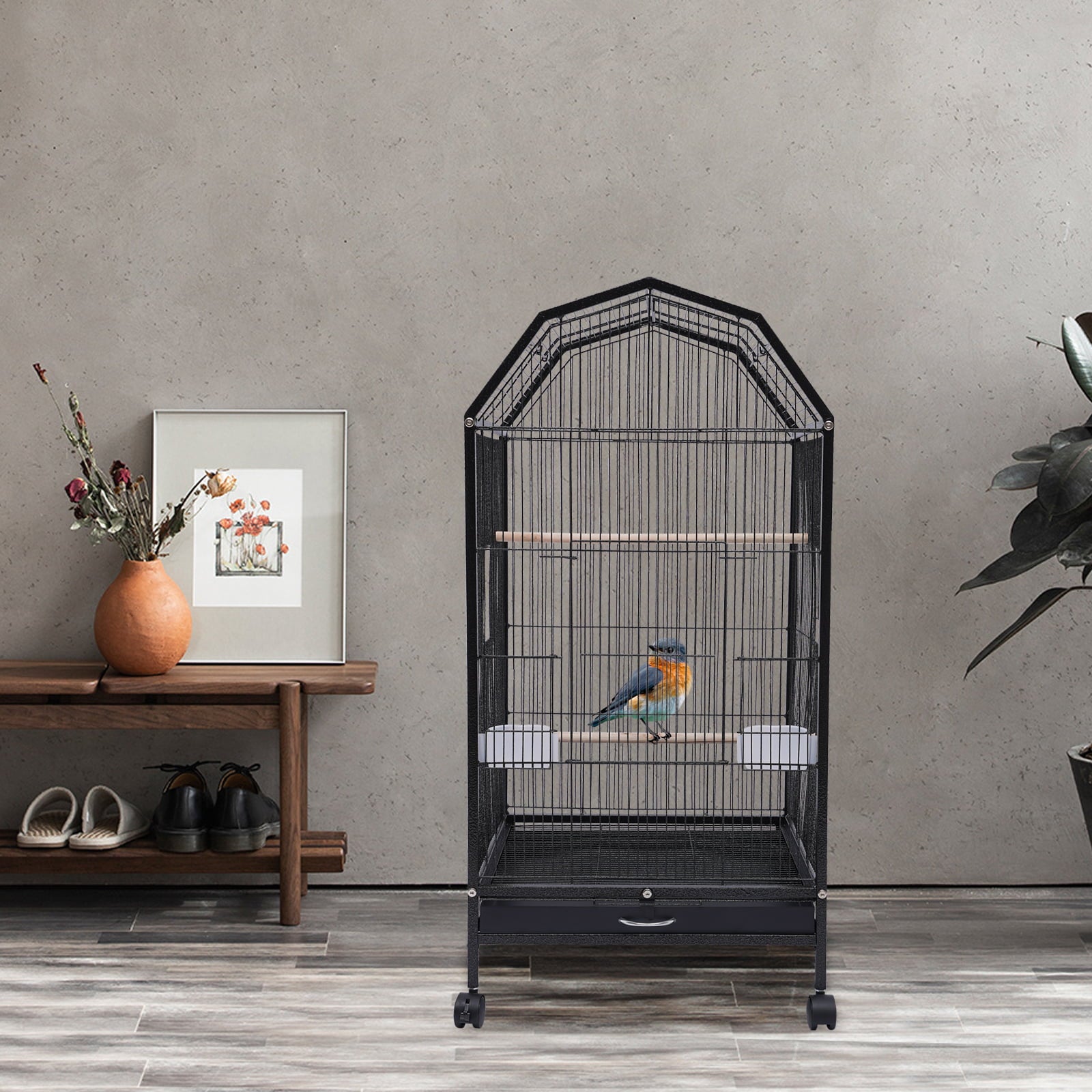 Miumaeov Parakeet Bird Cage with Stand Metal Pet Bird Flight Cages Large Finch Bird Cage for Conure Canary Parakeet Macaw Finch Cockatoo Budgie Cockatiels Parrot Pet House， Black