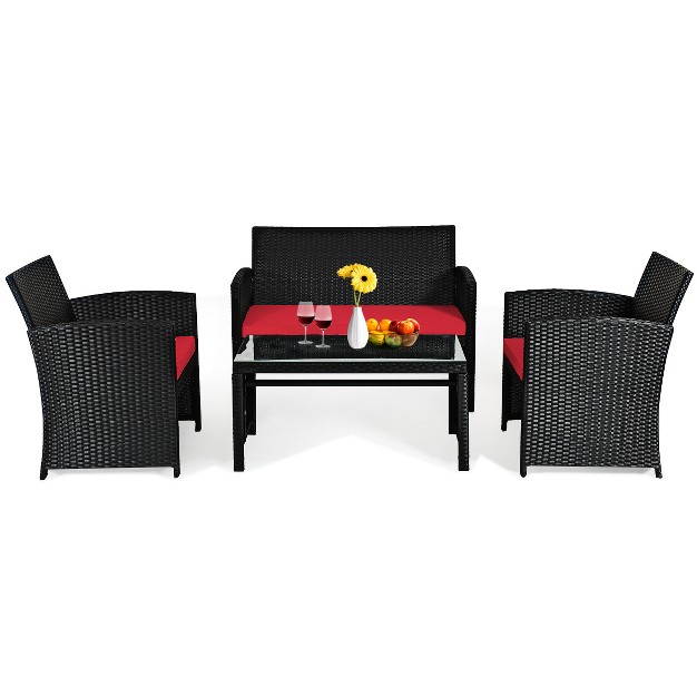 Tangkula 4 Piece Outdoor Patio Rattan Furniture Set Red Cushioned Seat For Garden Porch Lawn