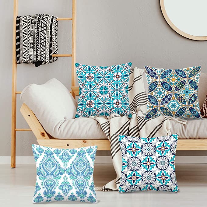 Queen's designer Mosaic Moroccan Pillowcases,4 Pillow Set Home Decoration,Blue Beautiful and Fashion Tiles Moroccan Ornaments Mosaic Throw Pillowcovers 18 x 18 inch Decorative Pillows Case