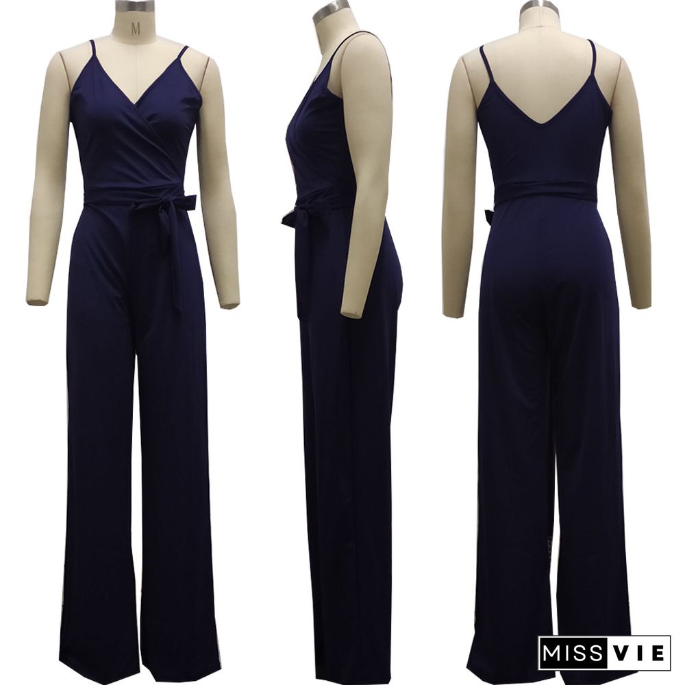 Women Elegant Summer Deep V Neck Sleeveless Solid Color Wide Leg Spaghetti Strap Bandage Jumpsuit