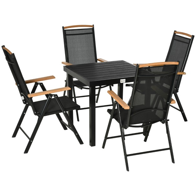 Outsunny 5 Piece Outdoor Furniture Patio Dining Set For 4 Square Outdoor Dining Table Adjustable Reclining Folding Chairs Black