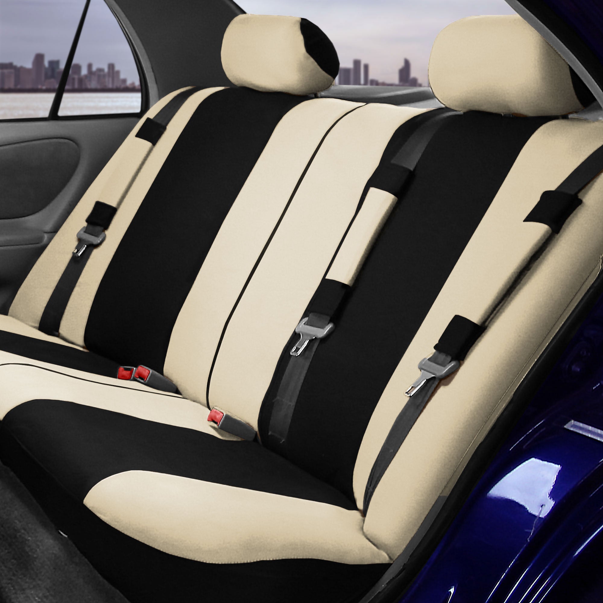 TLH Beige Black Light and Breezy Flat Cloth Seat Covers Combo Set， Airbag Compatible， Universal Fit for Cars， Auto， Trucks， SUV…