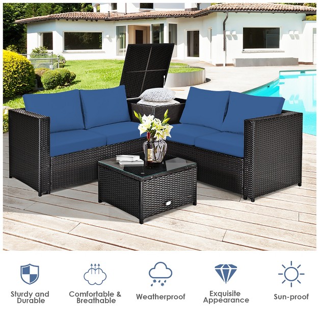 Costway 4pcs Patio Rattan Furniture Set Cushioned Loveseat Storage Table Navy